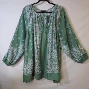 Lane Bryant Womens Plus Green Bandana Paisley Blouse Boho Hippie Size 26/28